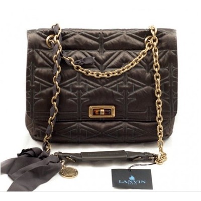 Lanvin Paris Handbag Brown Quilted Shoulder Bag Satin Matelasse Happy New w Tags