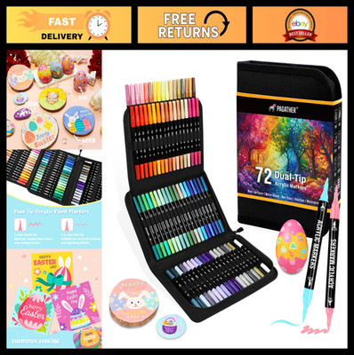 72 Colors Dual Tip Acrylic Paint Markers - Fine & Brush Tips for Rock, Wood, Can