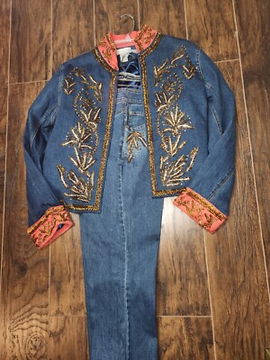 usa vintage ✴︎ デニムJK ✴︎ lew magram Lew Magram Embroidered Beaded Dark Denim Blazer & Denim Pants Set