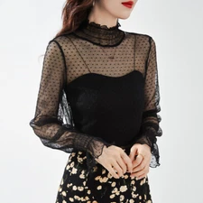 Lady Polka Dot Lace T-shirt Top Mesh Turtleneck Flared Sleeves Blouse Sheer Sexy