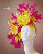 Aimee Fuller Kentucky Derby Hat Large Hot Pink Fuchsia Yellow Jeweled Fascinator