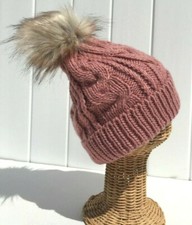 New Blush Beanie Winter Ski Hat Knitted With Faux Fur Pom Plush Lining D
