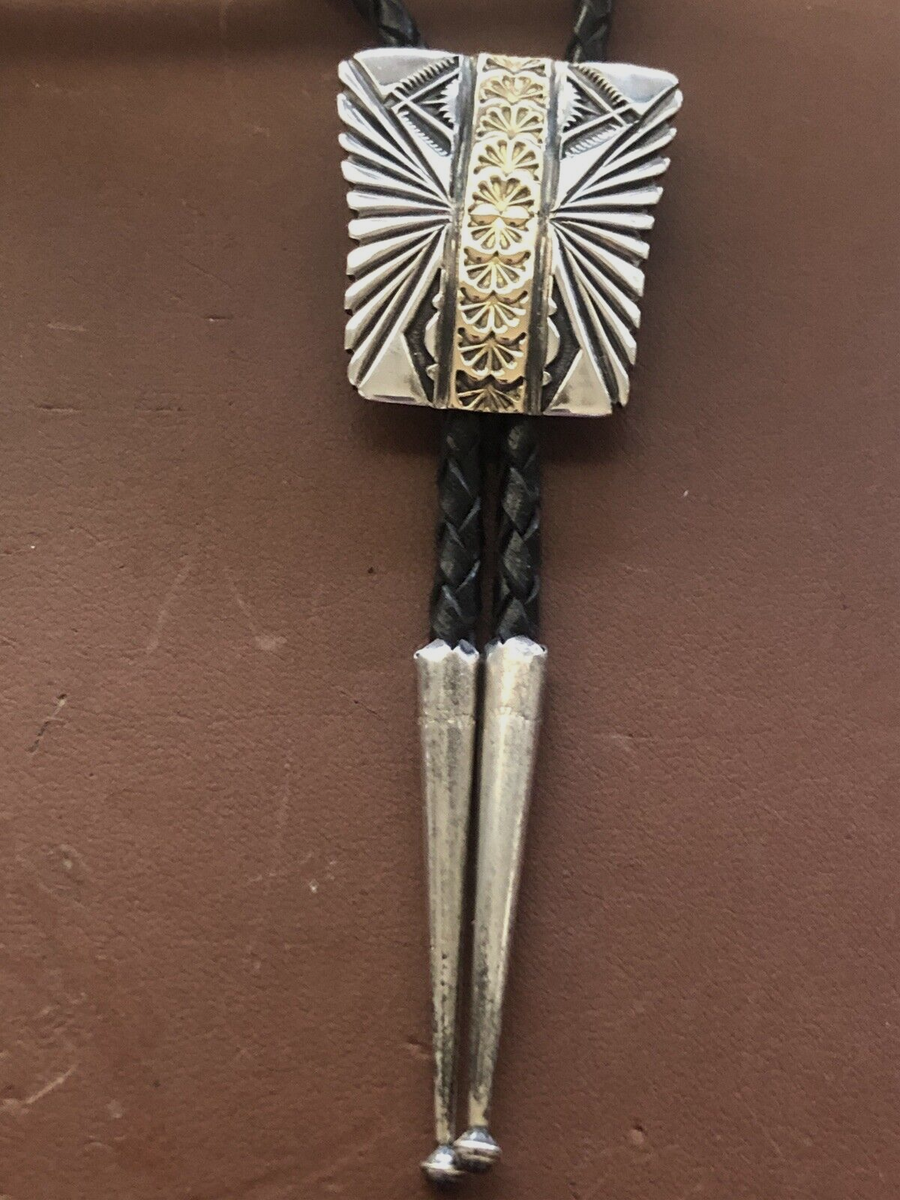 Rare 14k Gold Vintage Native American Navajo Signed Sterling Silver Bolo Tie Rare 14k Gold Vintage Native American Navajo Signed Sterling Silver Bolo Tie