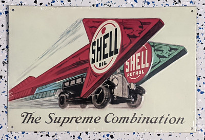 13'' Shell Oil and Petrol Arrows on 1930's Black Car ~ Vintage Style Metal Sign!