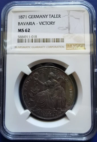 1871 German States BAVARIA Thaler Silver Coin German Victory Ludwig II NGC MS-62
