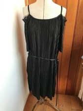 blossun black pleated dress with ribbon belt large bnwt open shoulder lace