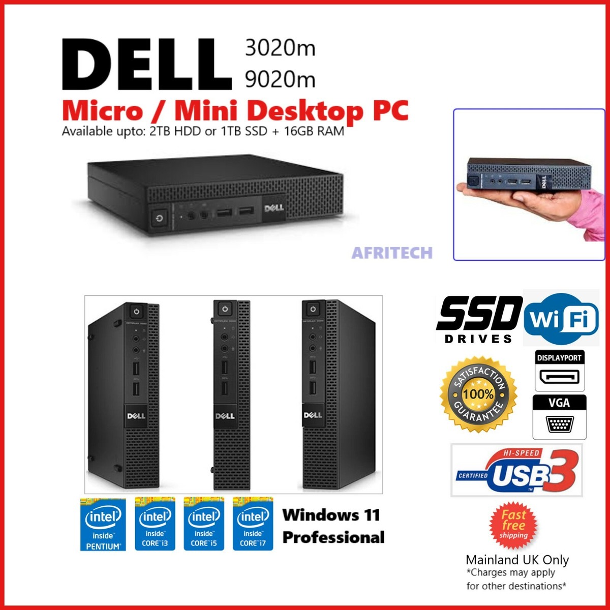 WIN 11 Pro-Dell 9020/3020 Micro Intel i7 3.6GHz 2TB SSD 16GB RAM