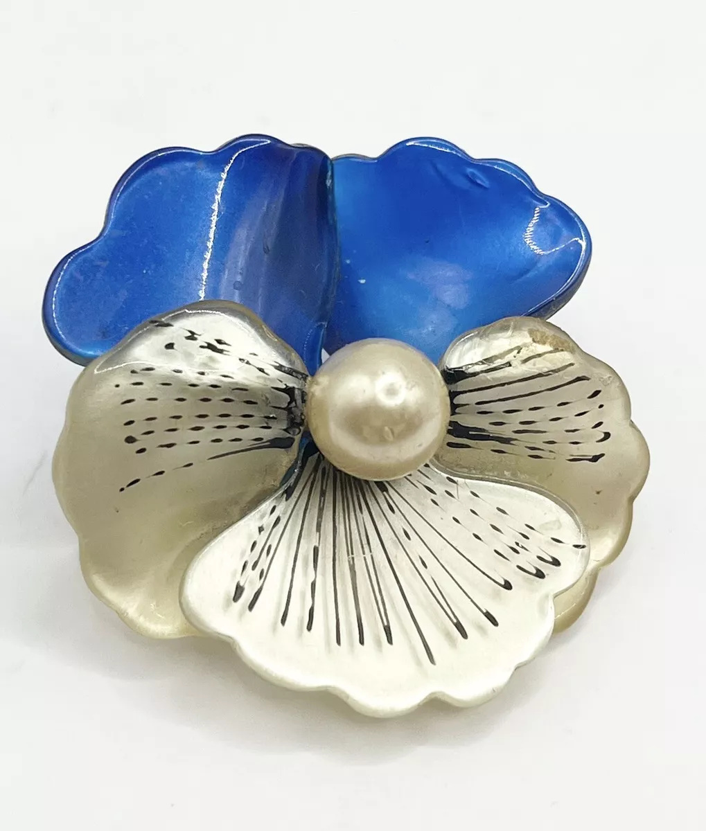 Vintage Carved Lucite Blue Flower Pearl Pin Brooch eBay