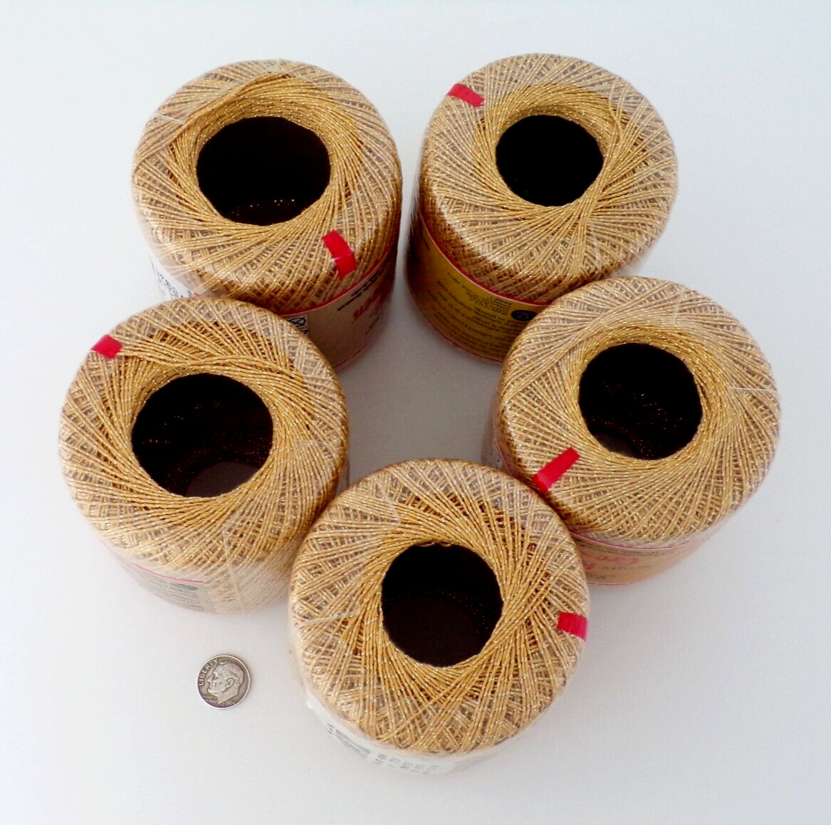 5 Rolls COATS Metallic Knit Cro Sheen CROCHET Thread NIP Gold / Gold 90G Size 10
