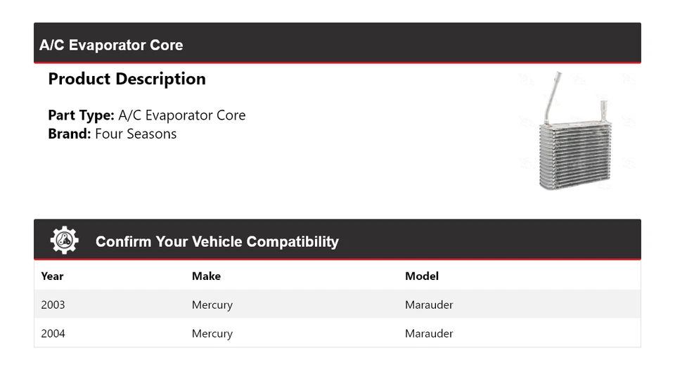 Núcleo evaporador de aire acondicionado Mercury Marauder 2003-2004 4 estaciones Foto 2 de 4