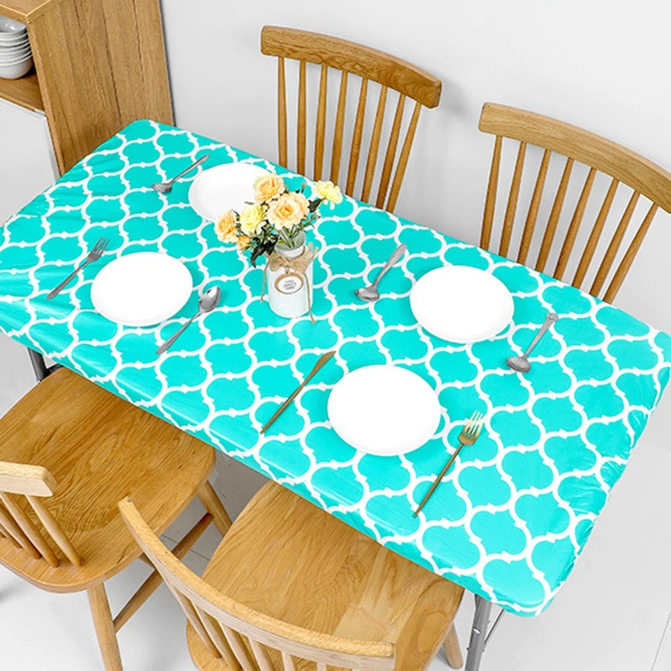 Rectangular Round Vinyl Tablecloth Fitted Elastic Table Cover Waterproof PVC . - Image 4 of 4
