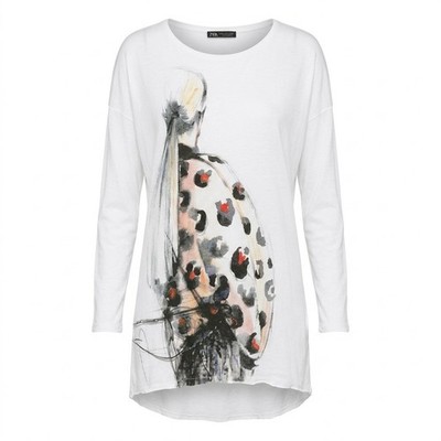 Zara Collection W&B White Graphic Print High Low Tunic T-Shirt Women Size M