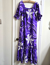 Hilo Hattie Hawaiian Purple/White Floral Maxi Dress Square Neck Puff Sleeve S