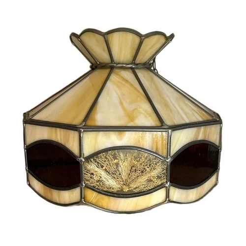 Vintage 70s Tiffany Style Slag Glass Hanging Ceiling Lamp w/Dried Flowers