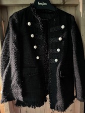 NWOT A403 ZARA BLACK MILITARY FRAYED PEARLS TWEED BLAZER JACKET COAT Medium