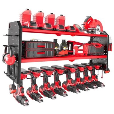  Power Tool Organizer, Large 8 Drill Holder Wall Mount with 2 Side 8 slots Red