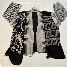 Black Motif Open Front Cardigan Kimono Floral Geometric Pattern One Size