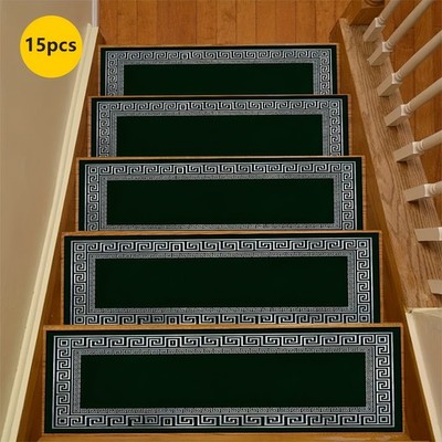 15pcs Green Greek Key Patterned Stair Mat Rug Set, Non-Slip Stair Carpet, Step
