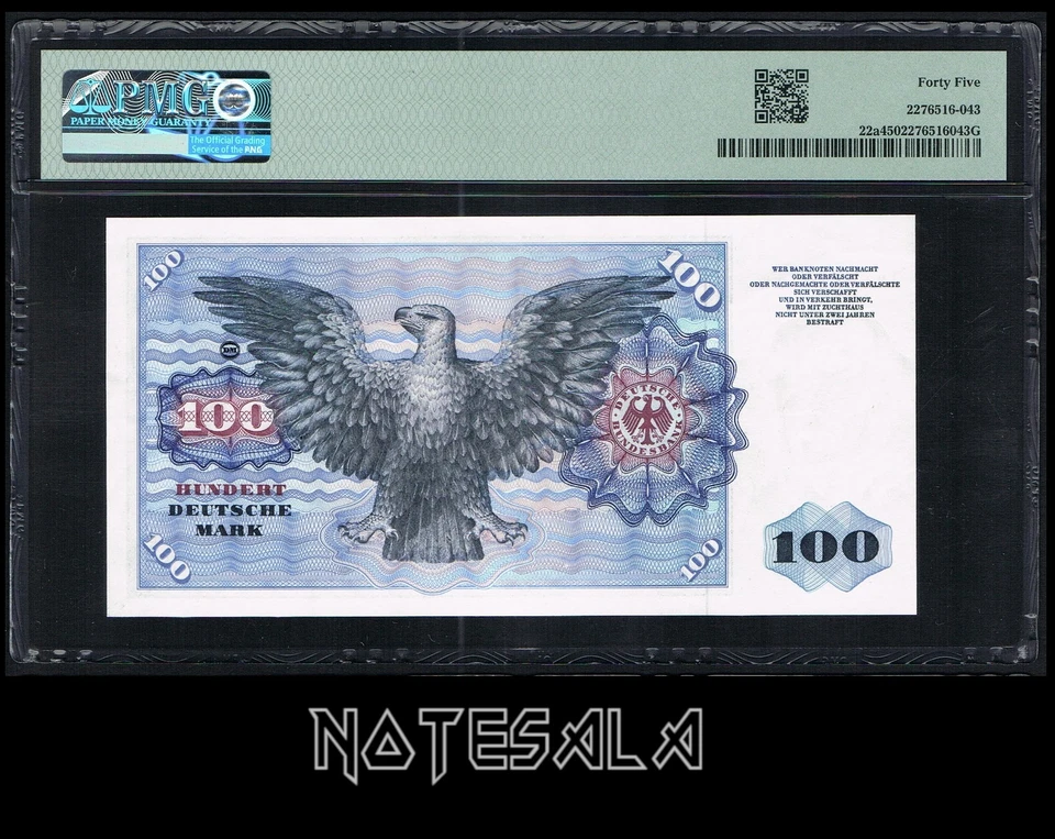 ALEMANIA REPÚBLICA FEDERAL 100 MARCOS ALEMANES 1960 Pick-22a PMG 45 XF- SN N7681090W Foto 2 de 3