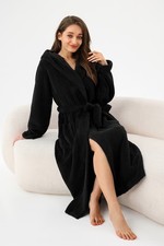 Womens Hooded Robe Long Plush Fleece Bathrobe With Pockets Nightwear S-X