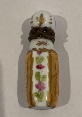 Perfume Bottle Display Trinket White Gold Pink Flowers 2 Inches Tall