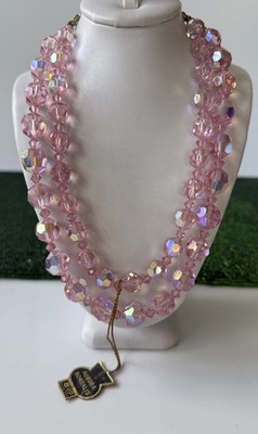Vtg.1950 s Austrian Pink AB Cut Crystal 2 Strand/17  Necklace Still New w Tag