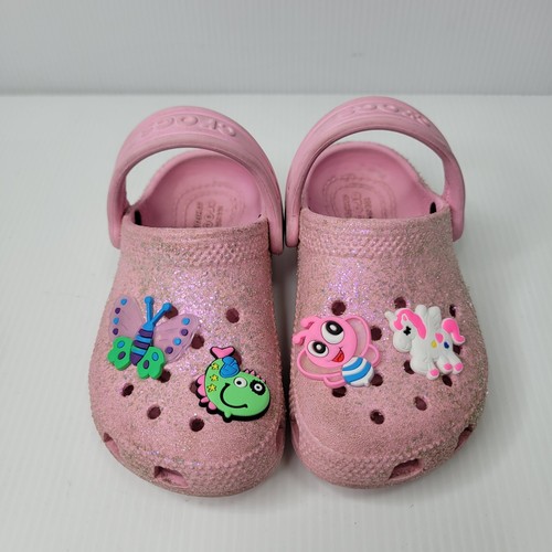 Crocs Classic Glitter Clog Band Bubblegum Pink Toddler Size C8 w/Jewel Inserts