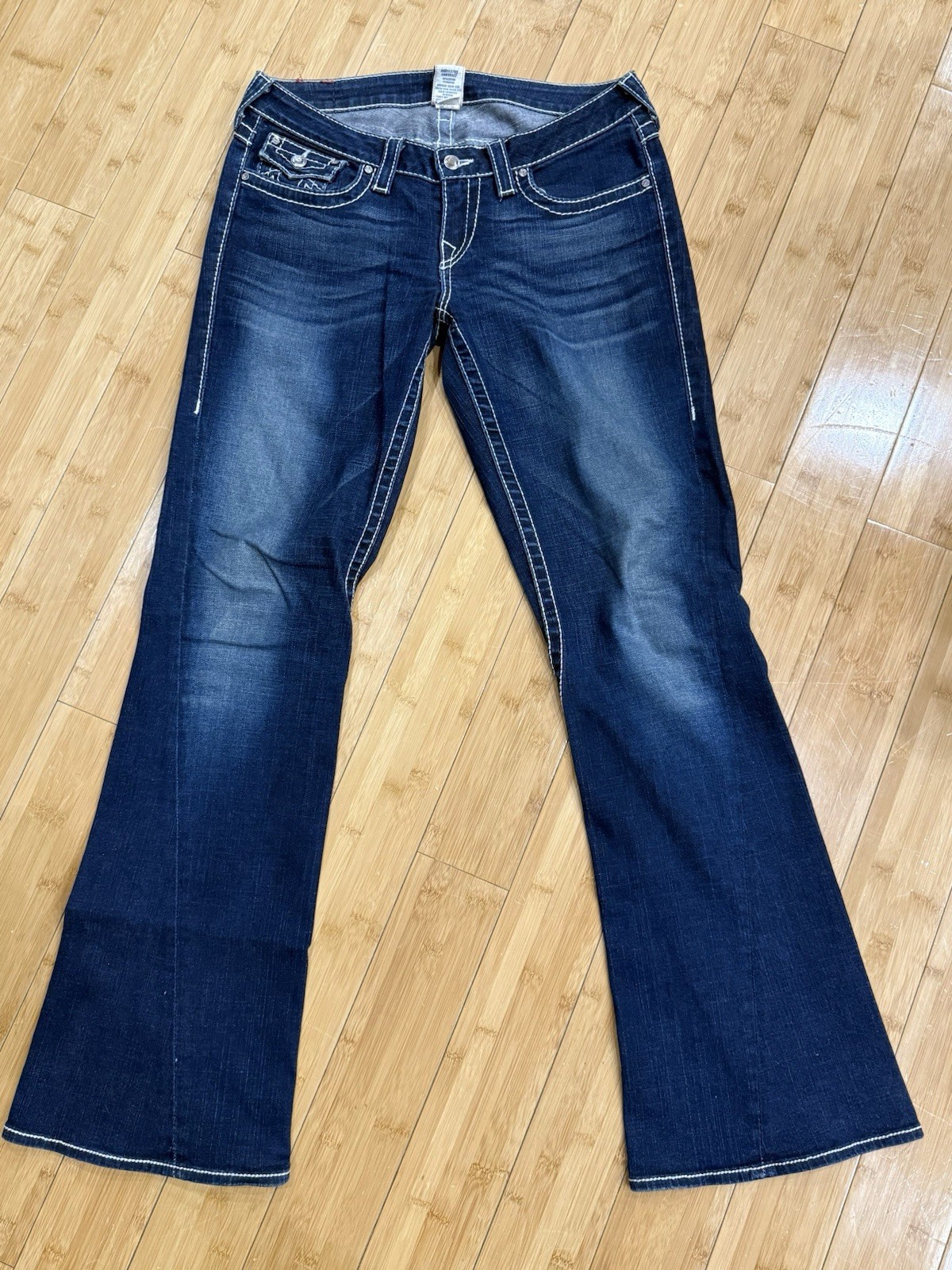 True Religion Jeans Women’s Disco Joey Big T Sz 31 Flare Bottom Blue Denim USA thumbnail 3