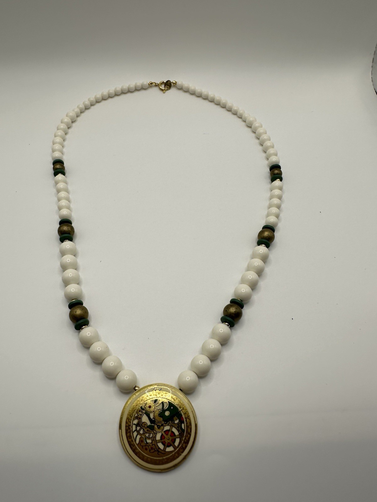 VTG Made In Japan White Acrylic Beaded Necklace With Gold Clock Pendant 22”