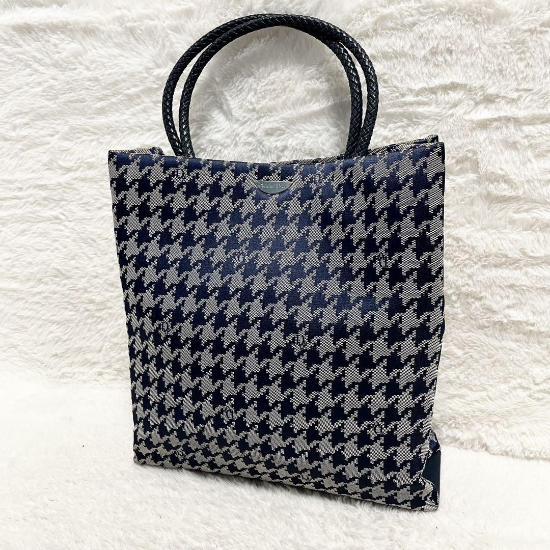 Christian Dior Gray Navy Houndstooth Canvas Tote with Leather Trim and Logo Hardware