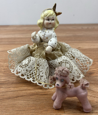 Vintage Porcelain Girl Walking Pink Poodle Dog, Lace Dress Gold Kitsch