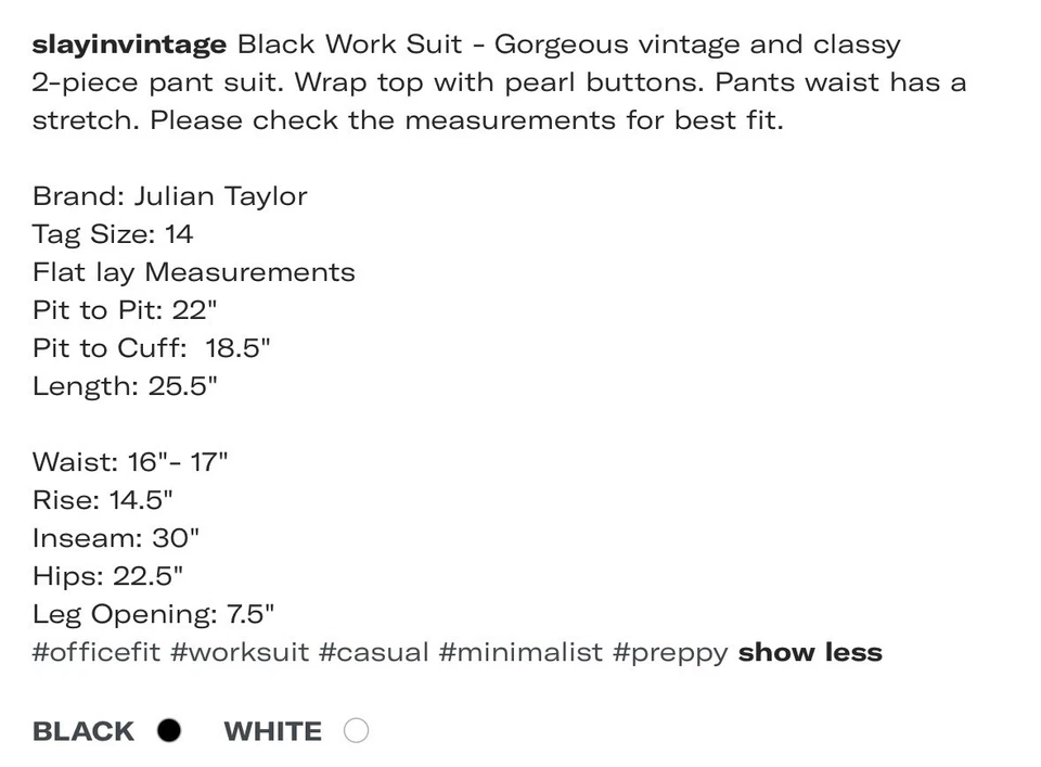 Traje informal vintage negro de 2 piezas de trabajo de negocios talla 14/32x30/grande Foto 3 de 4