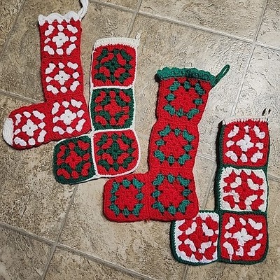 Vtg Handmade Crochet Granny Square Christmas Stockings White Red Green 