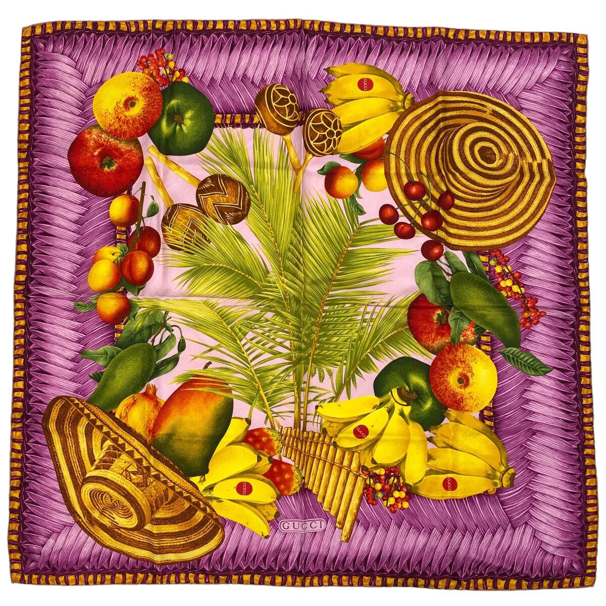 GUCCI Foulard Motif Fruit Plante Foulard Soie Violet Multicolore Femme