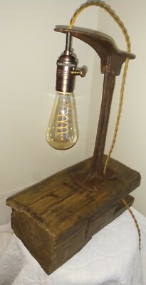 Antique Cast Iron Shoe Cobbler's Anvil Table Lamp on Vintage Barn Beam Folk Art