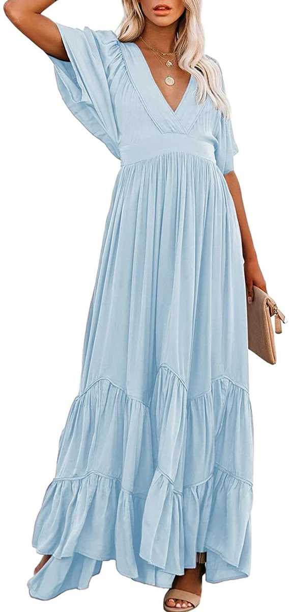 Sexy deep v collar plain flouncing maxi best sale dress
