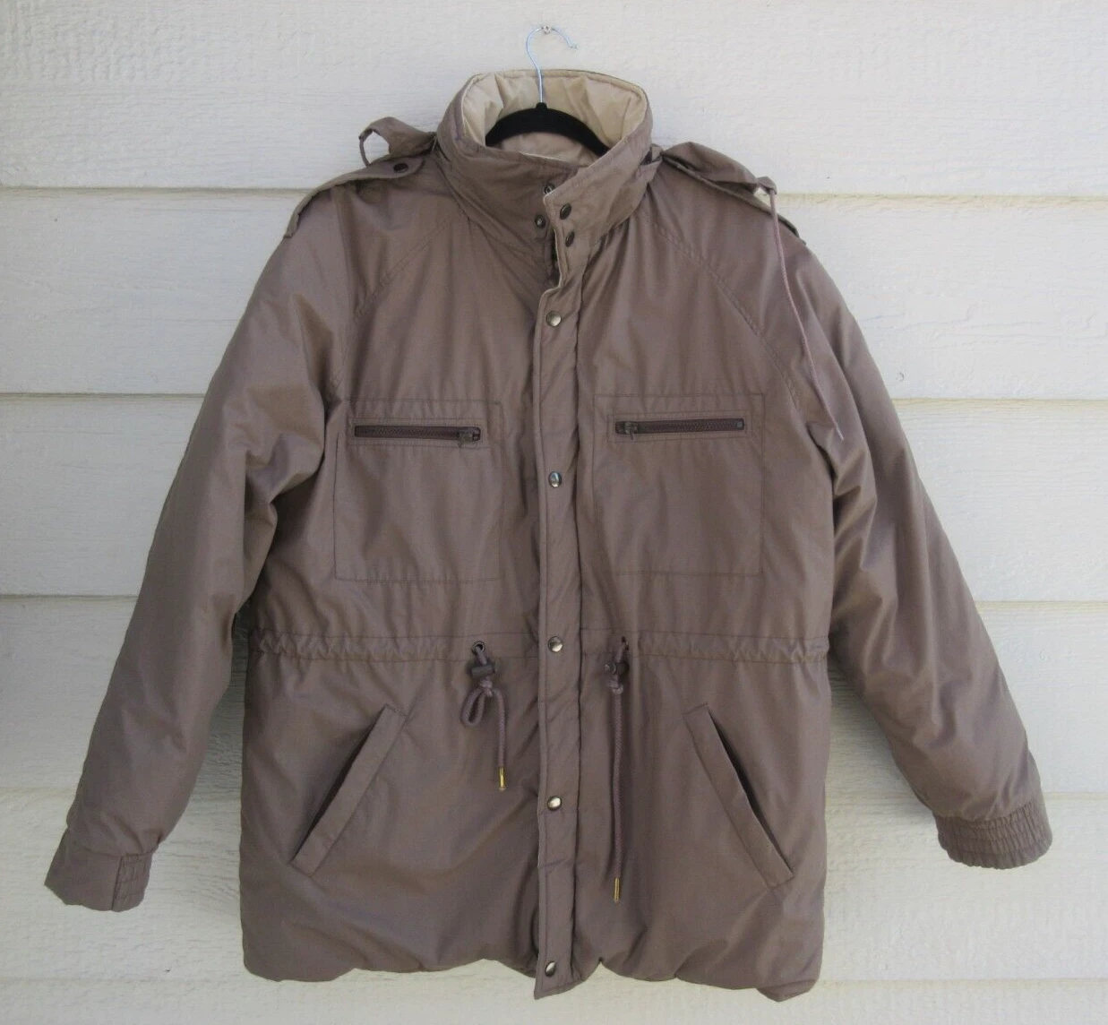 Vintage Skor Men's Brown/Beige Reversible Down Hooded Puffer Jacket Parka Sz XL