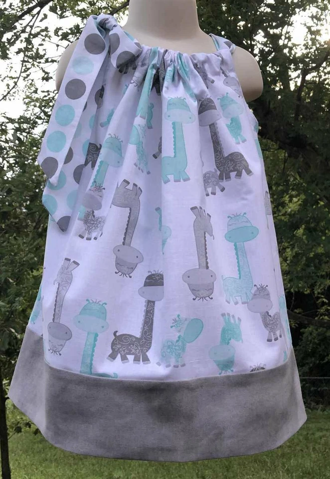 Giraffe Safari Zoo Gray Mint White Toddler Girl Pillowcase Dress 12mo - 14 - Image 3 of 3