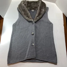 J. Jill Sweater Vest Womens M Gray Angora Rabbit Faux Fur Cotton Knit Mob Wife