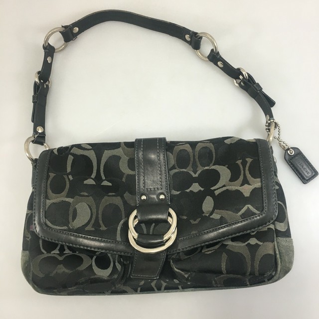 Coach Black Signature Jacquard Fabric Flap Shoulder Bag Handbag 2175
