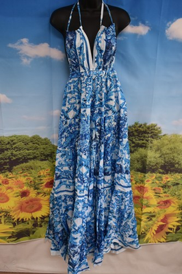 #ad ANTICA SARTORIA 2026 BLUE AQUA amp; WHITE OPEN BACK LONG DRESS OS NWT $52.69