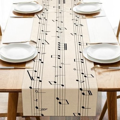 Vintage Music Sheets Dining Table Runner, Retro Musical Notes Staff Burlap 