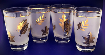 Set of 4 Libbey Gold Leaves Frosted Tumbler Vintage Mid-Century Era Glasses EXC!
