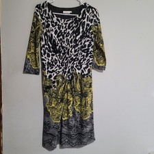 Adore Dress Sz Small Faux Wrap Black Chartreuse Leopard Paisley Stretchy Lined