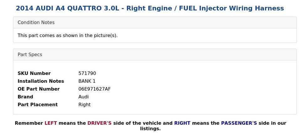 AUDI A4 QUATTRO 2014 3,0 L - Motor derecho/arnés de cableado inyector de combustible Foto 3 de 4