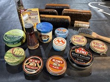 Kiwi Vintage Shoe Polish Lot 8 Tins 7 Wood Brushes Cadillac Saddle Soap Mink Oil