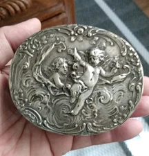 Antique 1914 800 Fine Silver Repousse Cherubs Trinket  Box  154 Grams Germany 