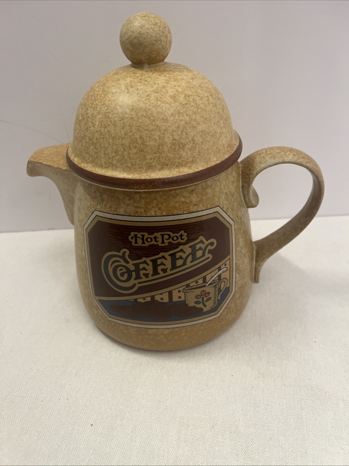 Vintage Stoneware Hot Pot Coffee Logo Tan Brown Lid Included Retro MCM