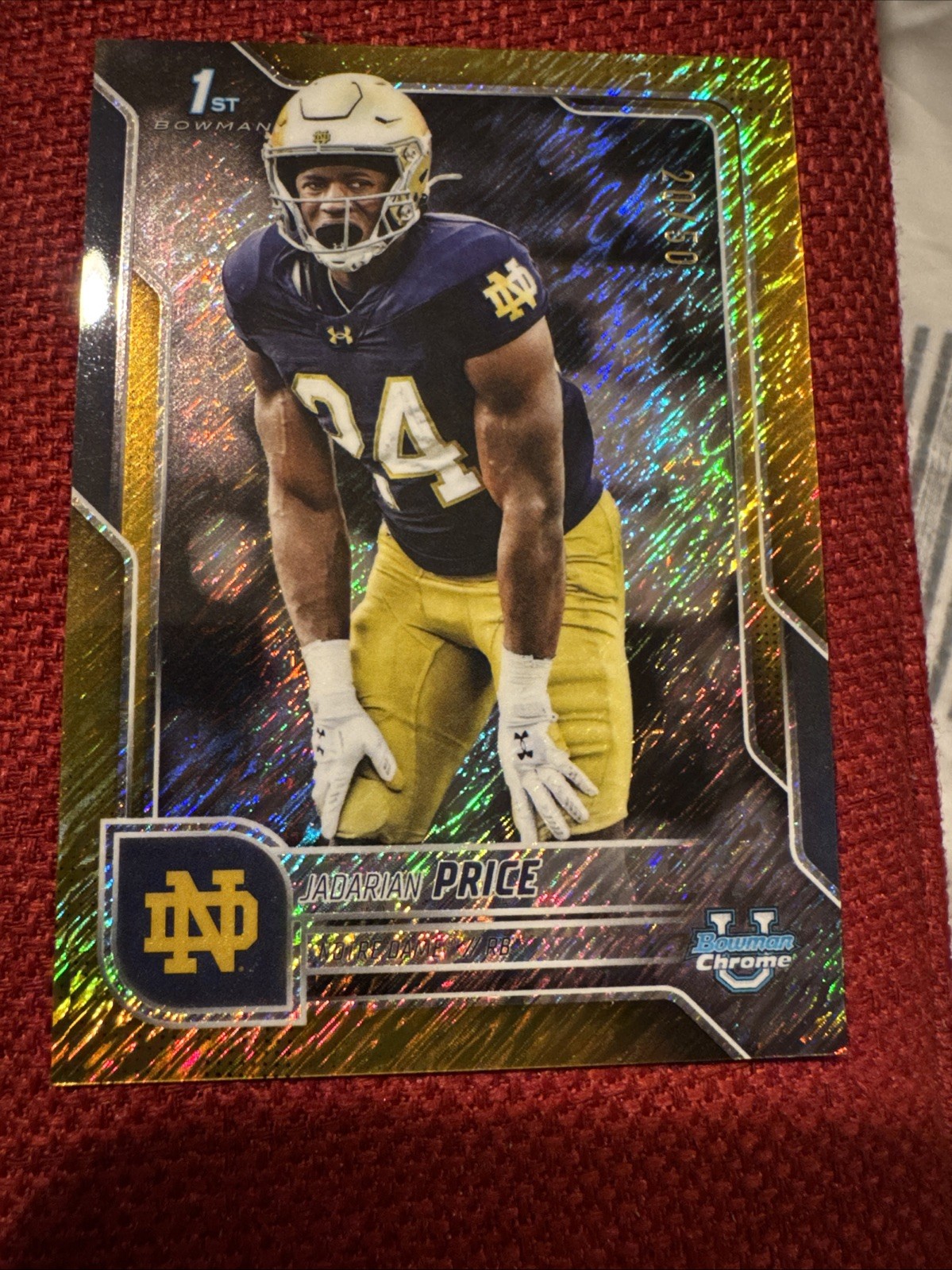 JADARIAN PRICE 2025 BOWMAN UNIVERSITY CHROME 1ST GOLD SHIMMER /50 Notre Dame