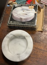 New Vintage Marble Ashtray Gray Veined Round 4" Three Ports Heavy Marble NiB